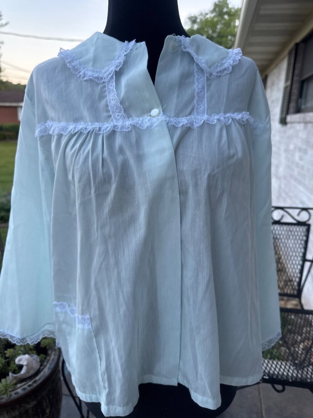 Vintage Vandemere Bed Jacket Light Blue Lace Trim Button Front Cottagecore